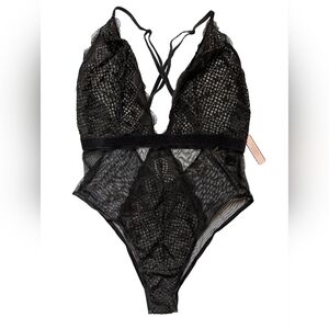 NWT Victoria's Secret Black Lace Velvet Trimmed Body Suit Lingerie, Large